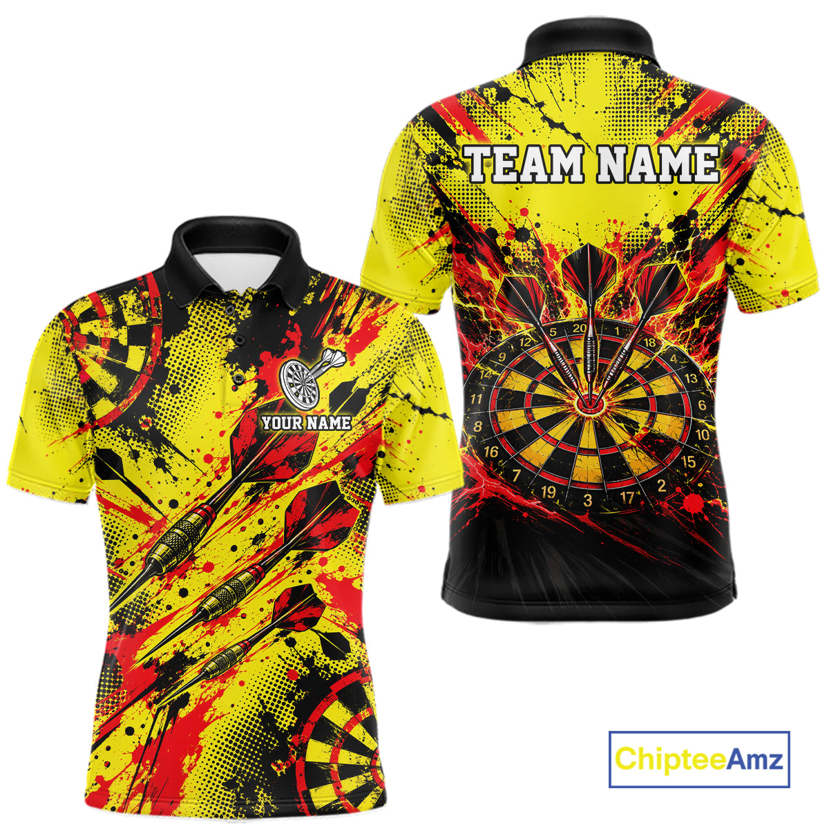 Custom Yellow Red Paint Splatter Darts Shirt for Men Dartboard Jersey Polo & 1/4 Zip DHT115