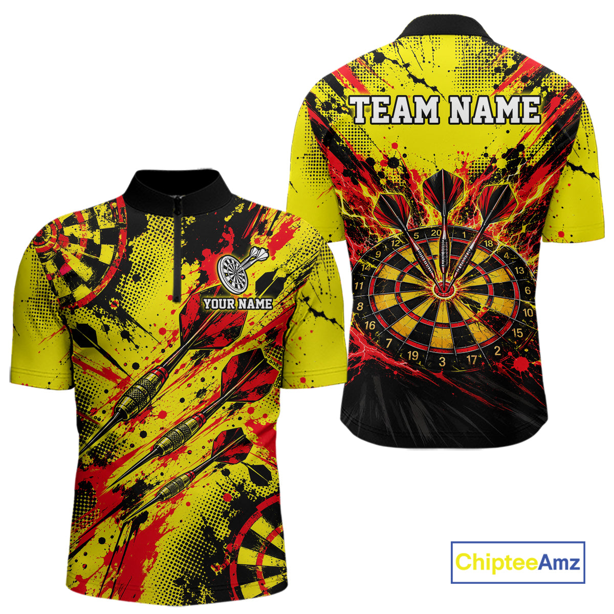 Custom Yellow Red Paint Splatter Darts Shirt for Men Dartboard Jersey Polo & 1/4 Zip DHT115