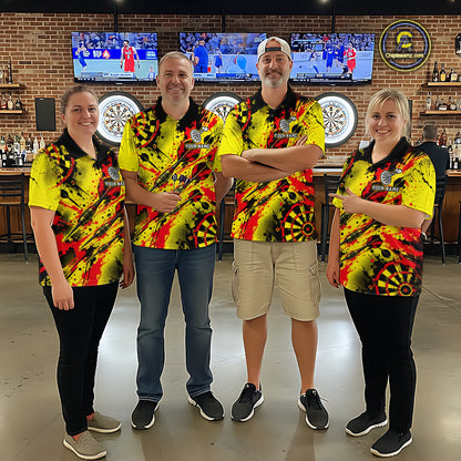 Custom Yellow Red Paint Splatter Darts Shirt for Men Dartboard Jersey Polo & 1/4 Zip DHT115