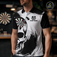 Load image into Gallery viewer, Personalized Skull Dart Shirts for Men Custom Black &amp; White Dart Jersey Polo &amp; Quarter-Zip Dartboard Shirt DHT24