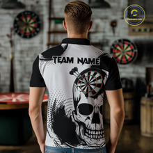 Load image into Gallery viewer, Personalized Skull Dart Shirts for Men Custom Black &amp; White Dart Jersey Polo &amp; Quarter-Zip Dartboard Shirt DHT24
