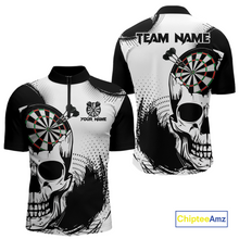 Load image into Gallery viewer, Personalized Skull Dart Shirts for Men Custom Black &amp; White Dart Jersey Polo &amp; Quarter-Zip Dartboard Shirt DHT24
