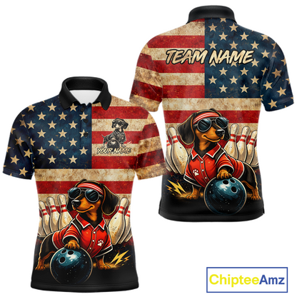 Custom American Flag Retro Dachshund Bowling Shirt Bowling Team Jersey for Men Polo & Quarter-Zip QZT942