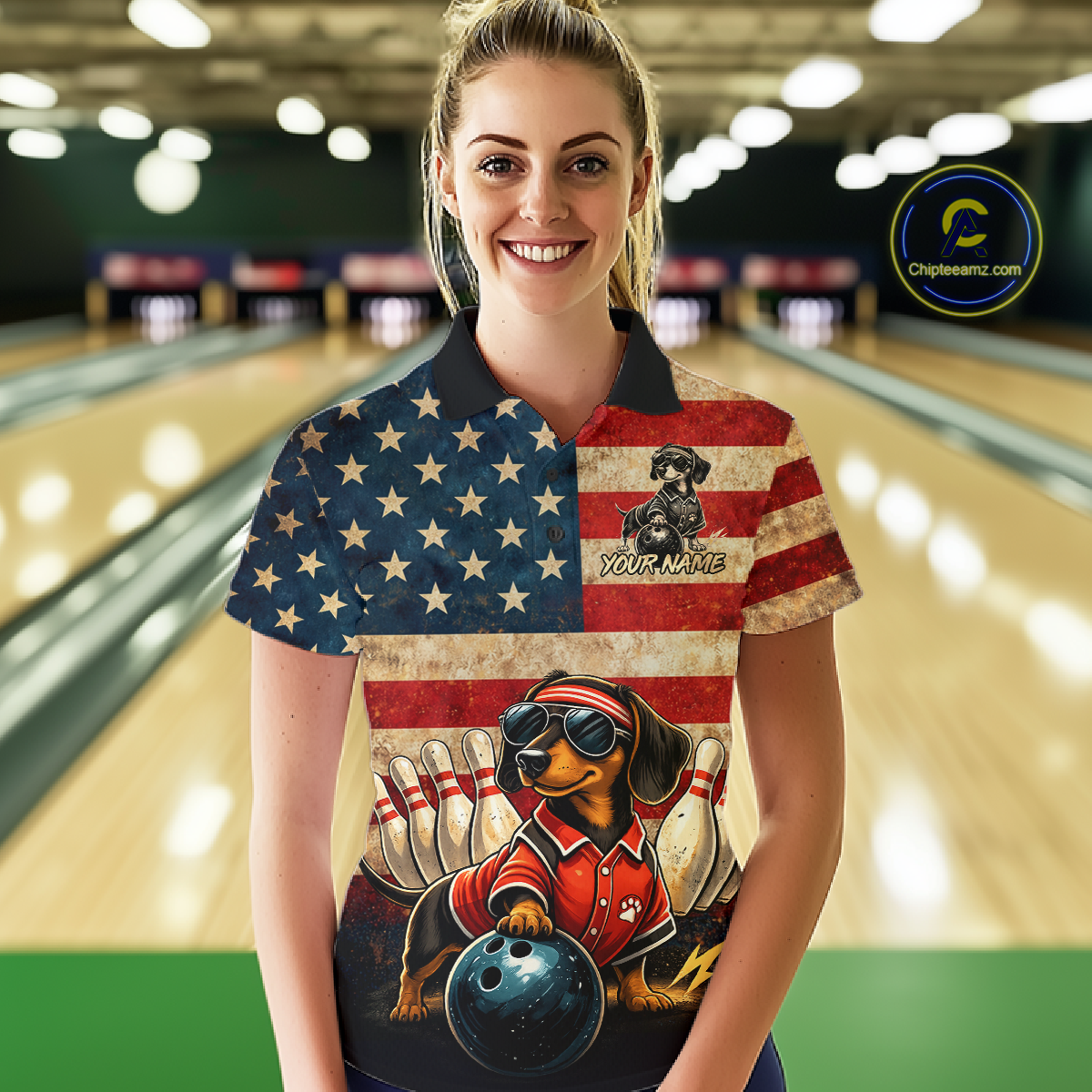 Custom American Flag Retro Dachshund Bowling Shirt Bowling Team Jersey for Women Polo & Quarter-Zip QZT942
