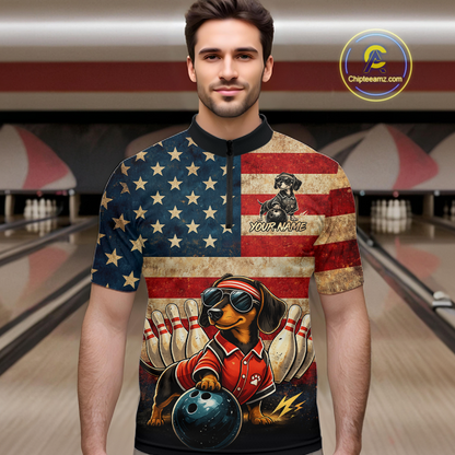 Custom American Flag Retro Dachshund Bowling Shirt Bowling Team Jersey for Men Polo & Quarter-Zip QZT942