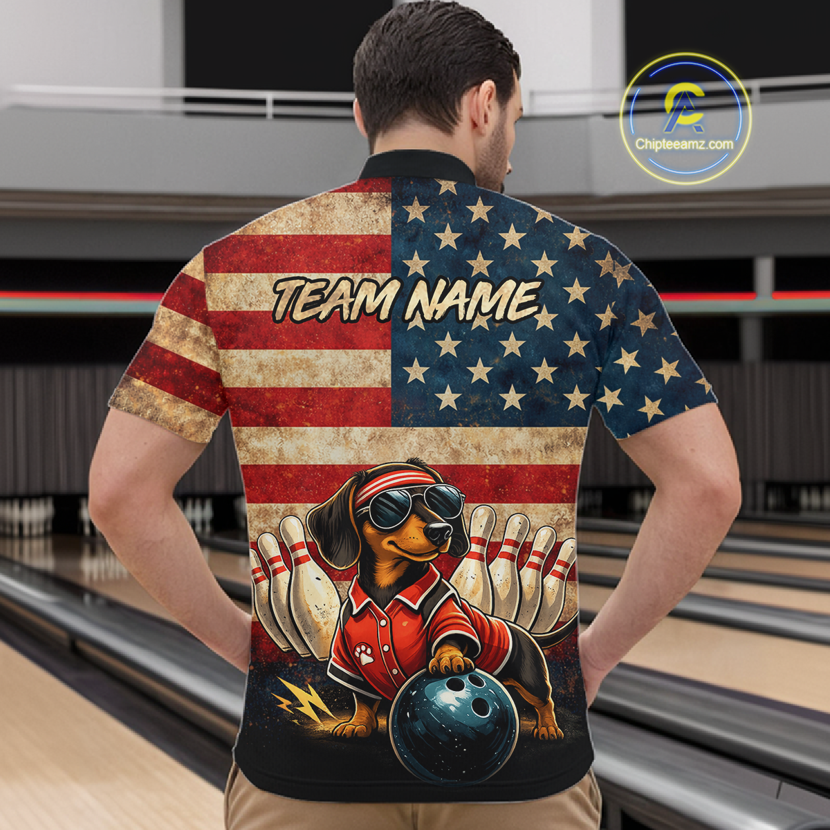 Custom American Flag Retro Dachshund Bowling Shirt Bowling Team Jersey for Men Polo & Quarter-Zip QZT942