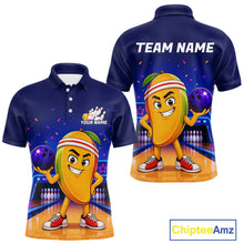 Load image into Gallery viewer, Navy blue polo shirt with cartoon mango character holding a bowling ball, 'Team Name' text on back, and 'Chiptee Amz' branding.