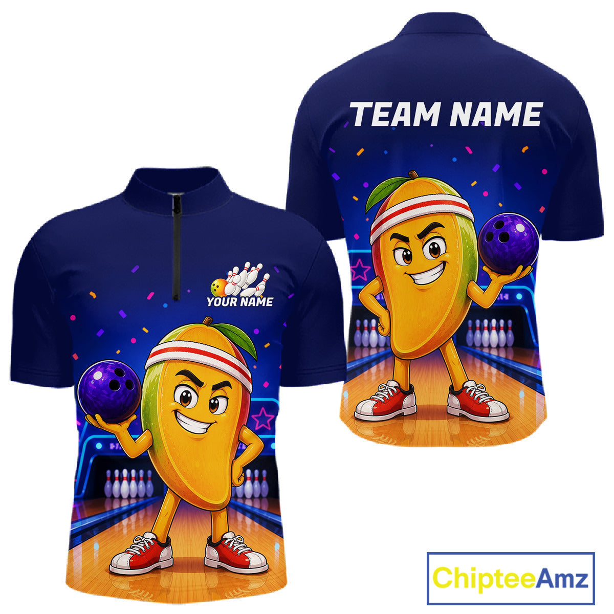 Navy blue sports jersey with cartoon character holding a bowling ball, 'Team Name' text on back, and 'Chiptee Amz' branding.