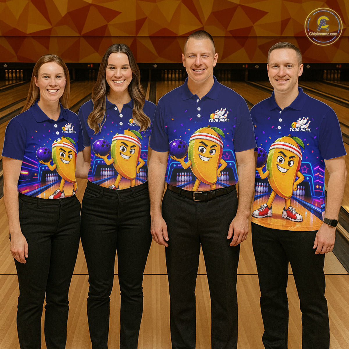 Four people wearing matching blue shirts with a cartoon character on a bowling alley.