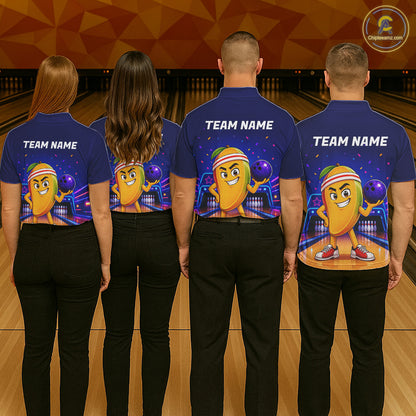 Four people wearing blue shirts with a cartoon character and 'TEAM NAME' text on a bowling alley background.