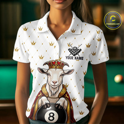 Funny Goat King Billiard Shirt, Custom Crown 8 Ball & 9 Ball Pool Team Jersey for Women, Polo & 1/4 Zip BHT104