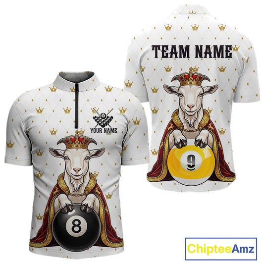 Funny Goat King Billiard Shirt, Custom Crown 8 Ball & 9 Ball Pool Team Jersey for Men, Polo & 1/4 Zip BHT104