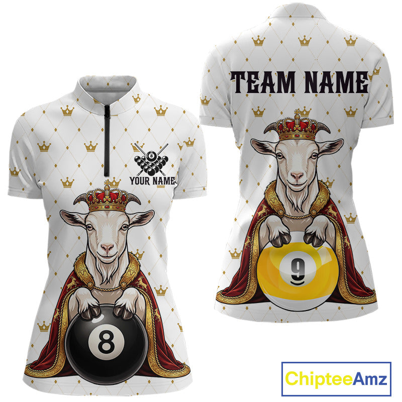 Funny Goat King Billiard Shirt, Custom Crown 8 Ball & 9 Ball Pool Team Jersey for Women, Polo & 1/4 Zip BHT104