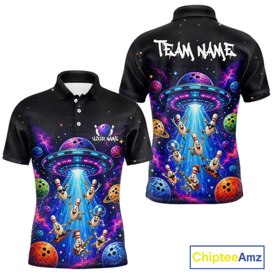 Black polo shirt with colorful alien design and 'Team Name' text on the back, featuring the brand 'Chiptee Amz'.