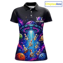 Load image into Gallery viewer, Polo shirt with alien bowling design and 'ChipteeAmz' branding