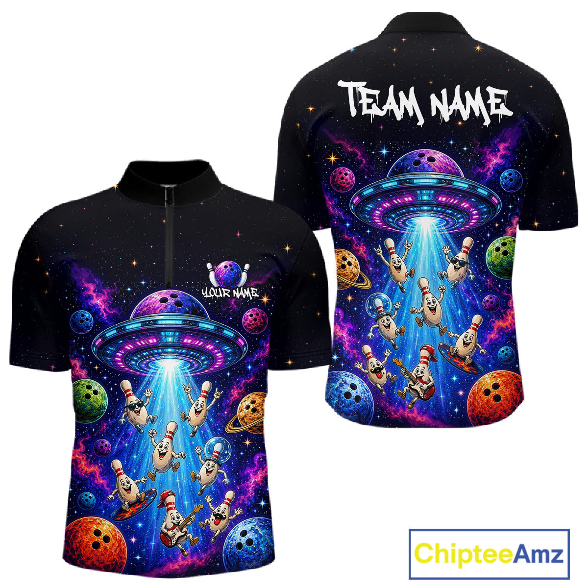 Black cycling jersey with colorful alien and bowling ball design, featuring 'Team Name' text on the back.