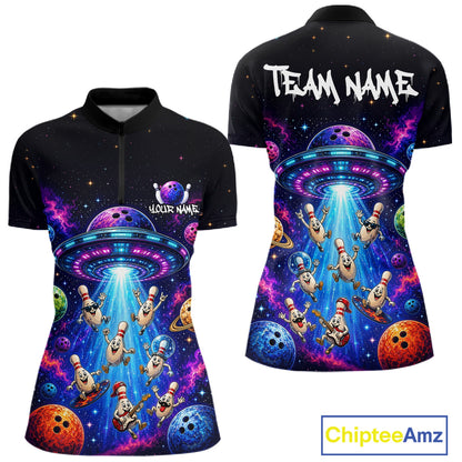 Colorful polo shirt with alien design on front and back, featuring 'Chiptee Amz' brand.