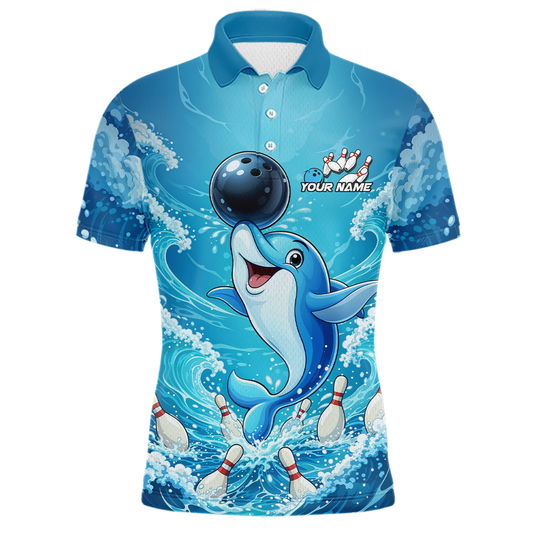 Custom Funny Dolphin Bowling Polo Shirt Blue Ocean Theme Team Jersey Bowling Outfit for Men QZT857