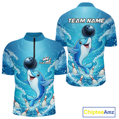 Custom Funny Dolphin Bowling Polo Shirt Blue Ocean Theme Team Jersey Bowling Outfit for Men QZT857