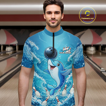 Custom Funny Dolphin Bowling Polo Shirt Blue Ocean Theme Team Jersey Bowling Outfit for Men QZT857