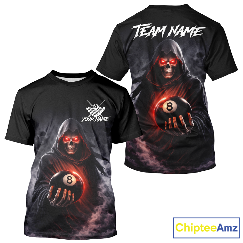 Black t-shirt with a hooded figure holding an 8-ball design on a white background, featuring 'ChipteeAmz' branding.