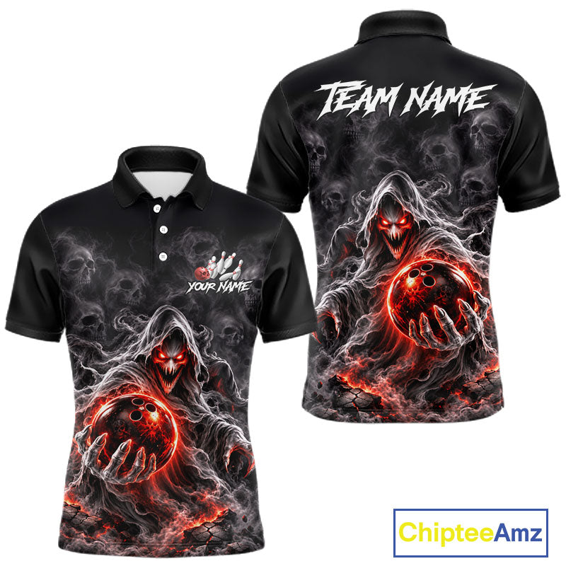 Custom Ghost Bowling Team Shirt for Men Black & Red Skull Bowling League Jersey Polo & 1/4-Zip QZT1348