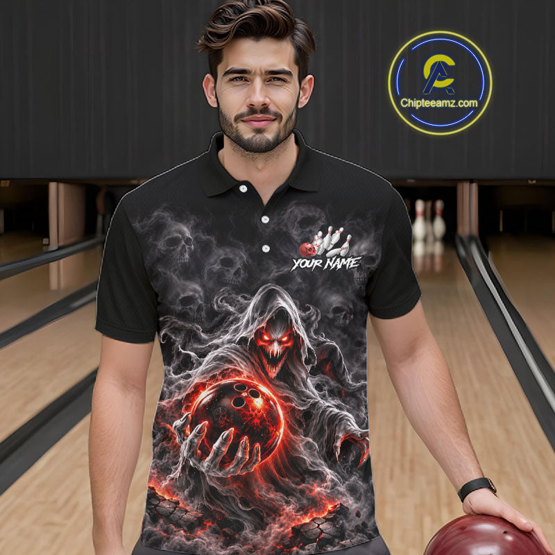 Custom Ghost Bowling Team Shirt for Men Black & Red Skull Bowling League Jersey Polo & 1/4-Zip QZT1348