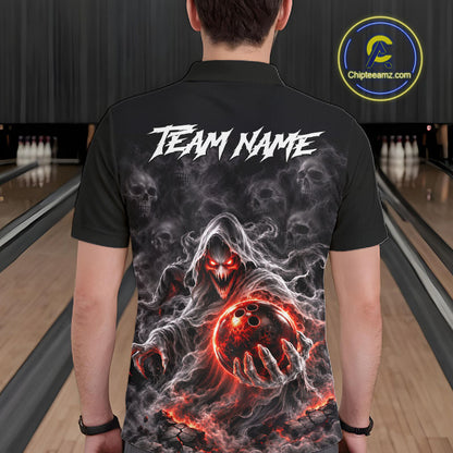 Custom Ghost Bowling Team Shirt for Men Black & Red Skull Bowling League Jersey Polo & 1/4-Zip QZT1348