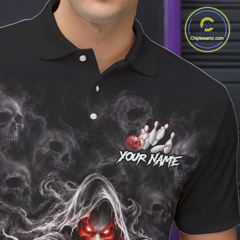 Custom Ghost Bowling Team Shirt for Men Black & Red Skull Bowling League Jersey Polo & 1/4-Zip QZT1348