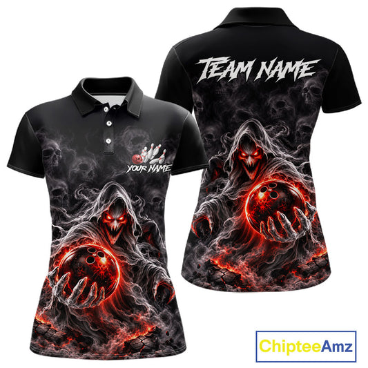 Custom Ghost Bowling Team Shirt for Women Black & Red Skull Bowling League Jersey Polo & 1/4-Zip QZT1348
