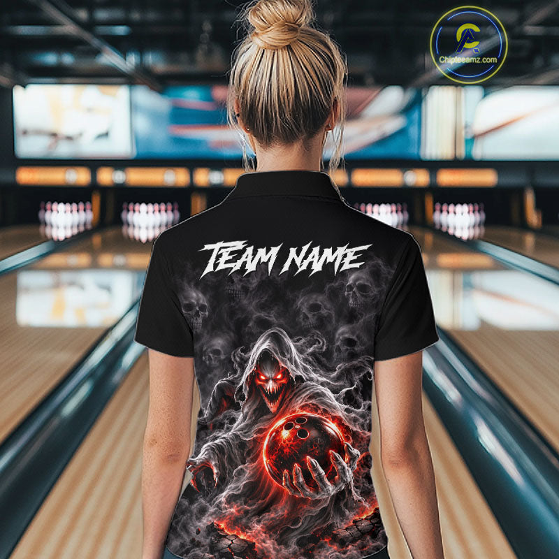 Custom Ghost Bowling Team Shirt for Women Black & Red Skull Bowling League Jersey Polo & 1/4-Zip QZT1348