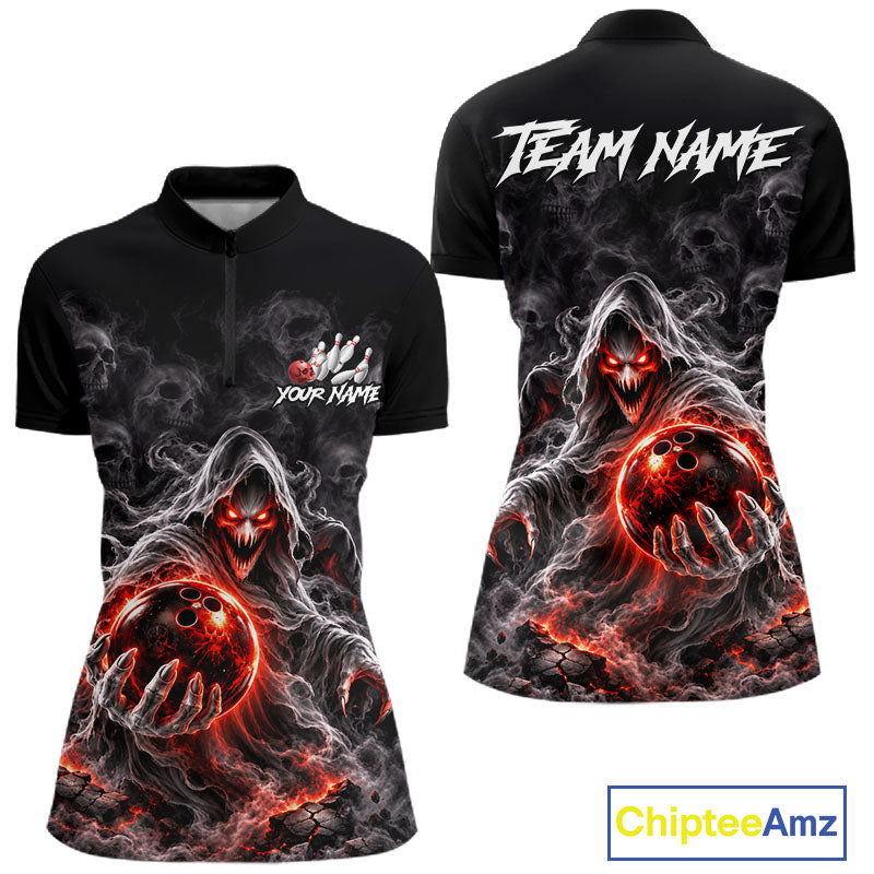 Custom Ghost Bowling Team Shirt for Women Black & Red Skull Bowling League Jersey Polo & 1/4-Zip QZT1348