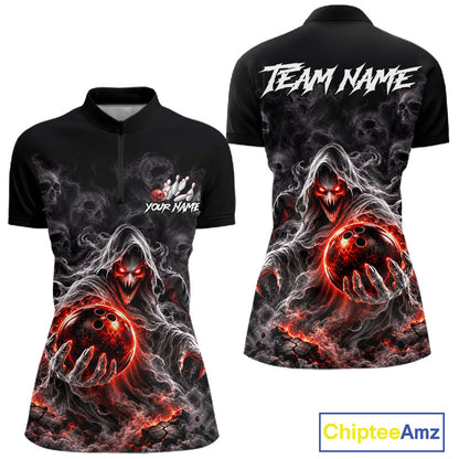 Custom Ghost Bowling Team Shirt for Women Black & Red Skull Bowling League Jersey Polo & 1/4-Zip QZT1348