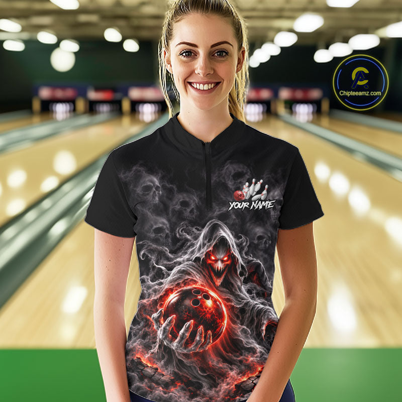 Custom Ghost Bowling Team Shirt for Women Black & Red Skull Bowling League Jersey Polo & 1/4-Zip QZT1348