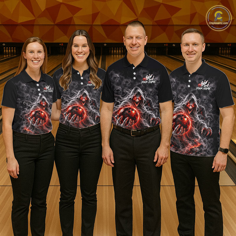 Custom Ghost Bowling Team Shirt for Men Black & Red Skull Bowling League Jersey Polo & 1/4-Zip QZT1348