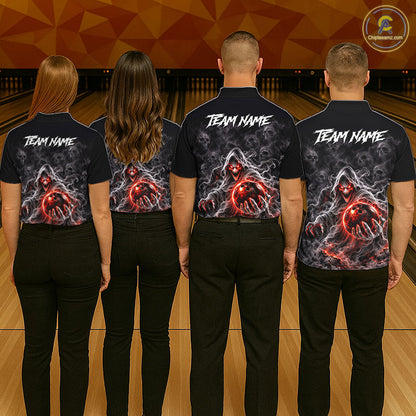 Custom Ghost Bowling Team Shirt for Men Black & Red Skull Bowling League Jersey Polo & 1/4-Zip QZT1348