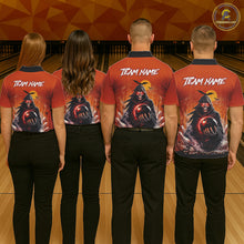 Load image into Gallery viewer, Group of four wearing custom orange grim reaper bowling shirts back view displaying personalized team names above hooded grim reaper artwork on a fiery sunset background at the bowling alley