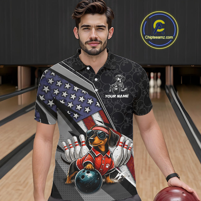 Custom American Flag Dachshund Bowling Shirts for Men Bowling Jersey QZT1281