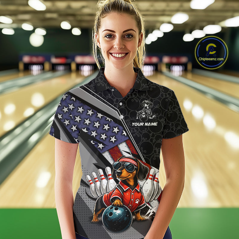 Custom American Flag Dachshund Bowling Shirts for Women Bowling Jersey QZT1281