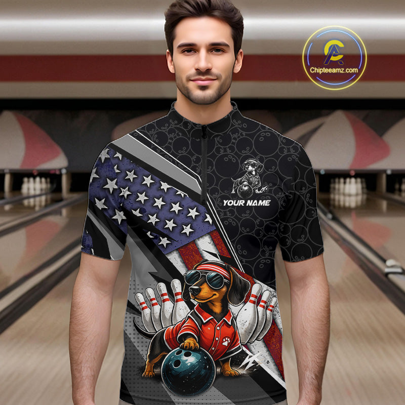 Custom American Flag Dachshund Bowling Shirts for Men Bowling Jersey QZT1281