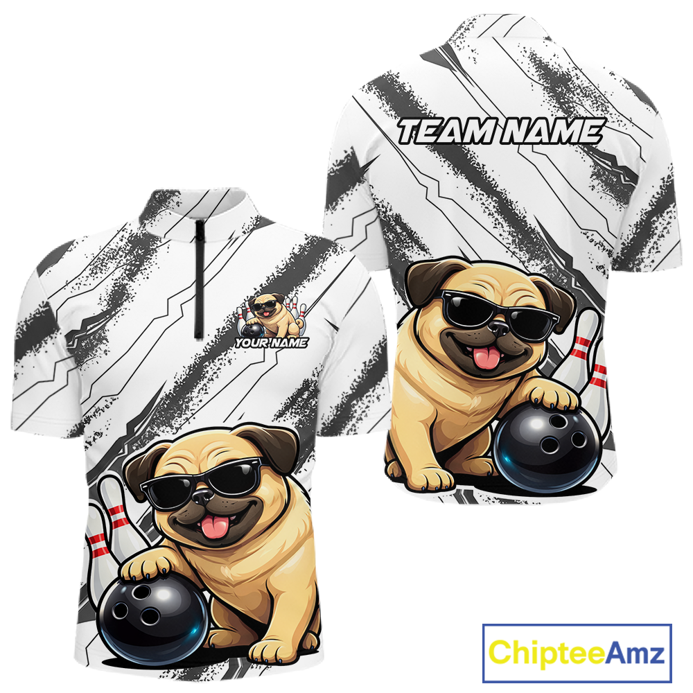 Funny Pug Dog Bowling Team Shirt for Men Custom Bowling Jersey Polo & 1/4-Zip Bowling Unisex QZT984