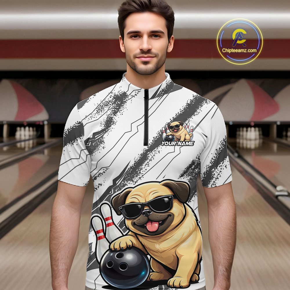 Funny Pug Dog Bowling Team Shirt for Men Custom Bowling Jersey Polo & 1/4-Zip Bowling Unisex QZT984
