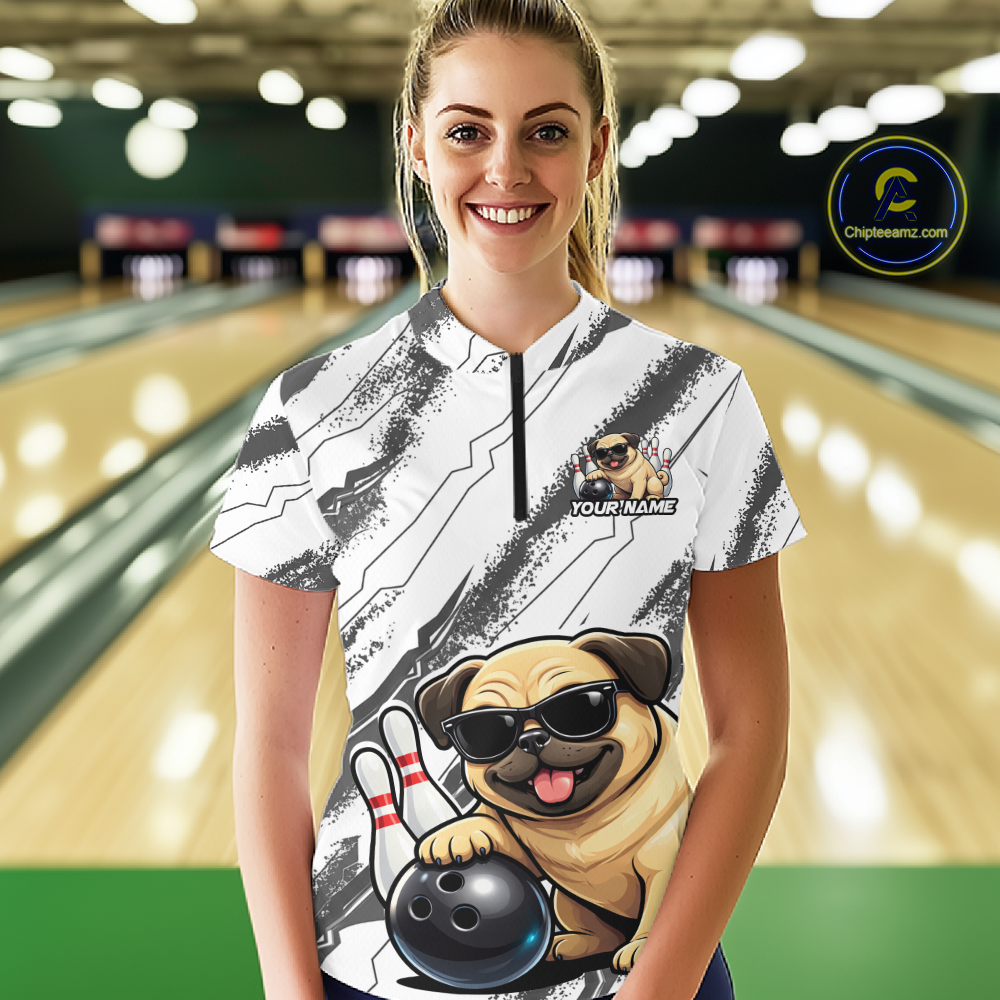 Funny Pug Dog Bowling Team Shirt for Women Custom Bowling Jersey Polo & 1/4-Zip Bowling Unisex QZT984