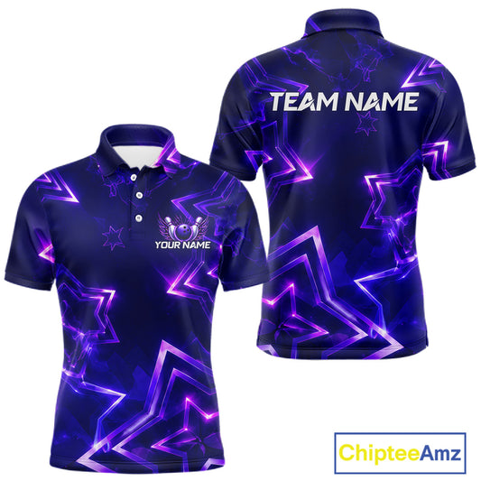 Custom Neon Purple Star Bowling Shirt for Men Bowling Jersey Polo & Quarter-Zip QZT1025