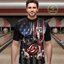 Load image into Gallery viewer, Man wearing a black t-shirt with a colorful graphic design in a bowling alley.