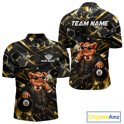 Custom Black & Gold Billiard Shirt Funny Pig 8 Ball Pool Team Jersey for Men Polo & 1/4 Zip BHT108