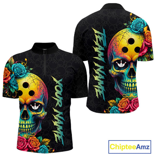 Funny Sugar Skull Bowling Shirt for Men Custom Bowling Jersey Polo & Quarter-Zip QZT1353