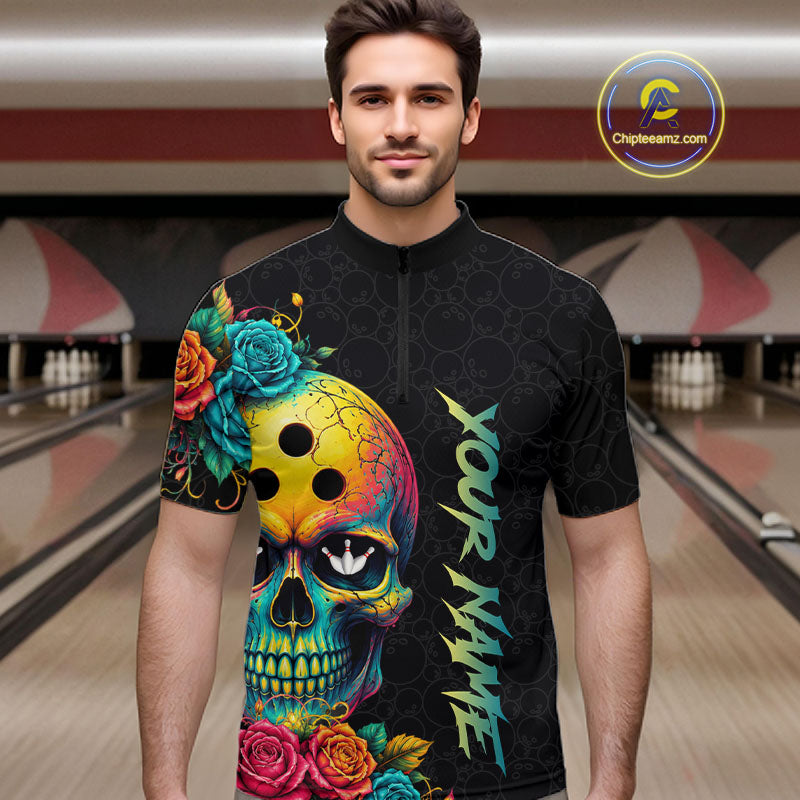 Funny Sugar Skull Bowling Shirt for Men Custom Bowling Jersey Polo & Quarter-Zip QZT1353