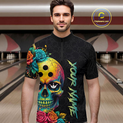 Funny Sugar Skull Bowling Shirt for Men Custom Bowling Jersey Polo & Quarter-Zip QZT1353