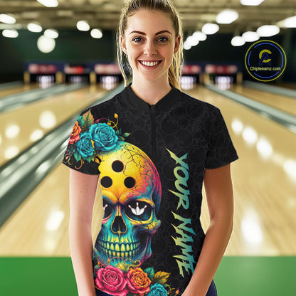 Funny Sugar Skull Bowling Shirt for Women Custom Bowling Jersey Polo & Quarter-Zip QZT1353